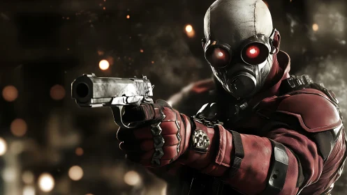 Ballistic marksman in armored respirator aiming semi-auto pistol.