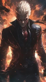 White haired figure in black coat amid burning background.