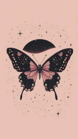 Cosmic dusk butterfly drifting under a half-moon sky.