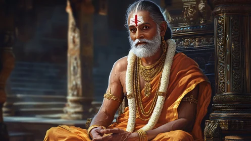 Serene Hindu guru sits in ornate temple, bathed in warm light