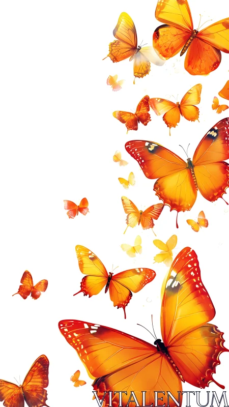 Orange butterflies are arranged on a vertical white field
