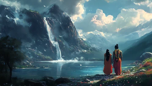 Two robed figures survey glacial valley lake under towering waterfall
