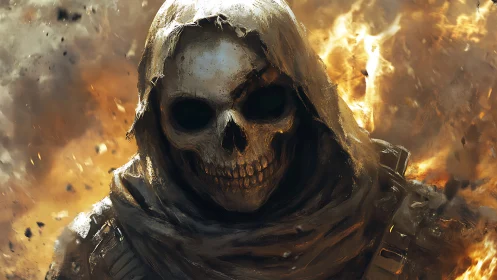 Hooded skeletal warrior emerges from firestorm with scorched armor