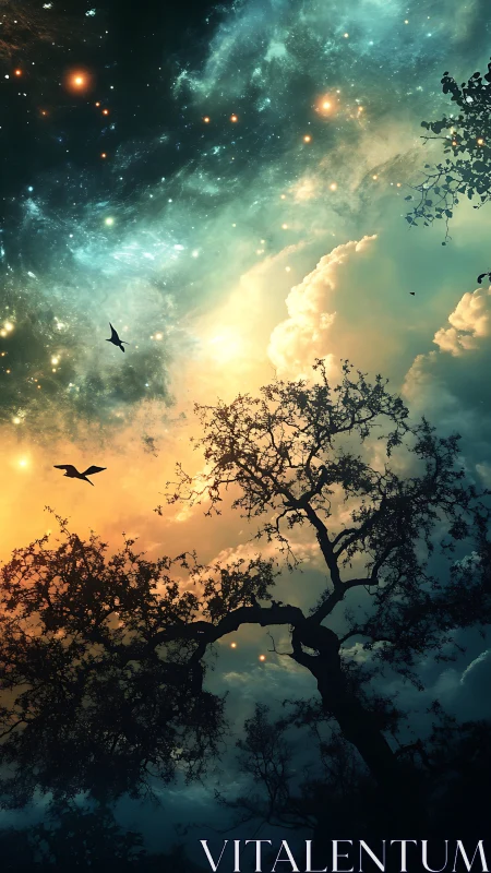 Silhouetted tree stands under glowing nebula sky at dusk