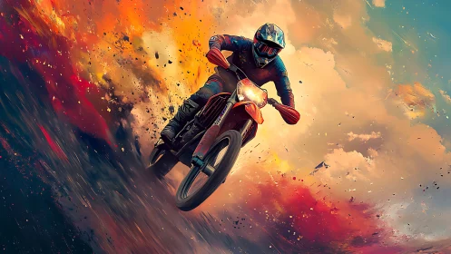 Kinetically charged dirt bike jump through eruptive color field.