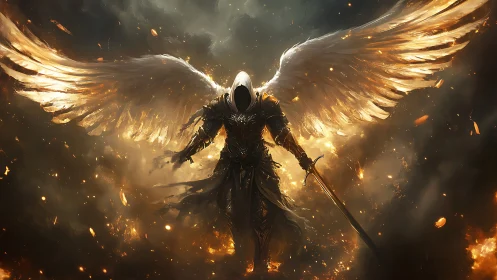Winged armored figure with sword amid glowing embers.