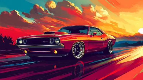 Chromatic muscle car rendering under hyper-saturated sunset sky.