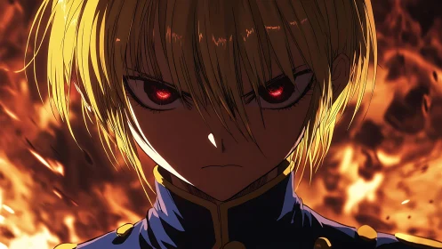 Fiery‑eyed anime hero standing calm within rising flames.