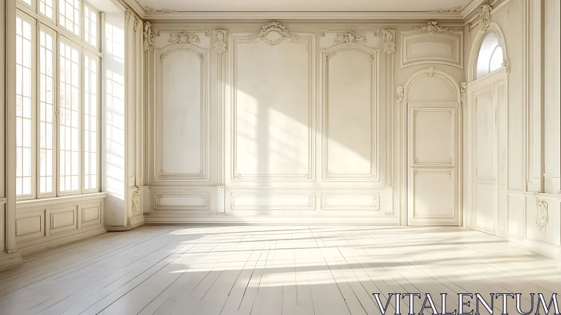 Sunlit neoclassical interior with detailed wall panelling and soft shadows