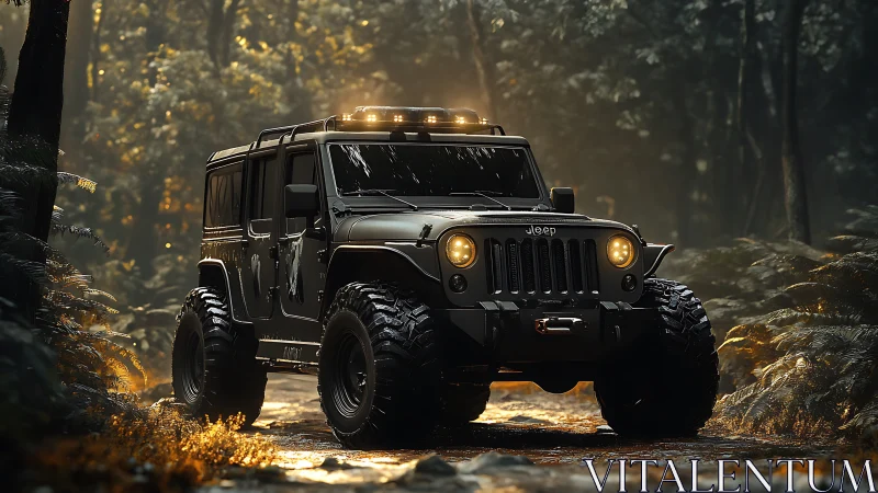 Photorealistic off-road Jeep in cinematic forest lighting.