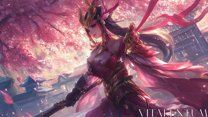Warrior empress in crimson armor beneath sakura canopy.
