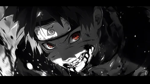 Close-up monochrome ninja portrait with intense expression.