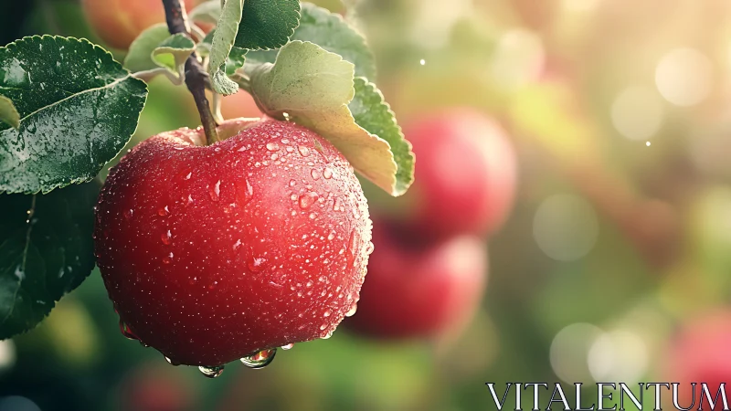 Dew-kissed red apple glows softly in warm orchard light.