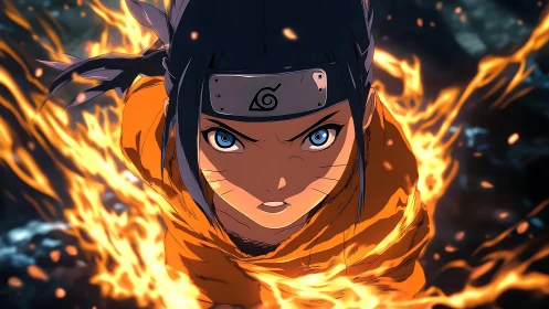 Fiery-eyed ninja carves a blazing path through swirling flames