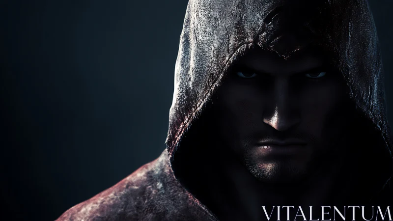 Brooding hooded sentinel locked in cinematic shadow.