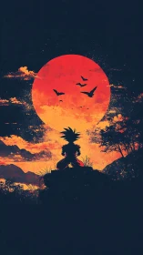 Warrior silhouette studies burning red sun at dusk