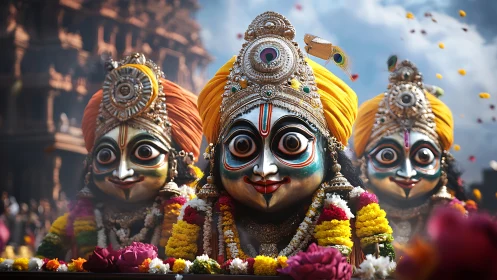 Wide-eyed festival deities parade in marigold thunderstorm.