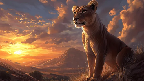 Golden-hour lioness watches over a peaceful savanna valley