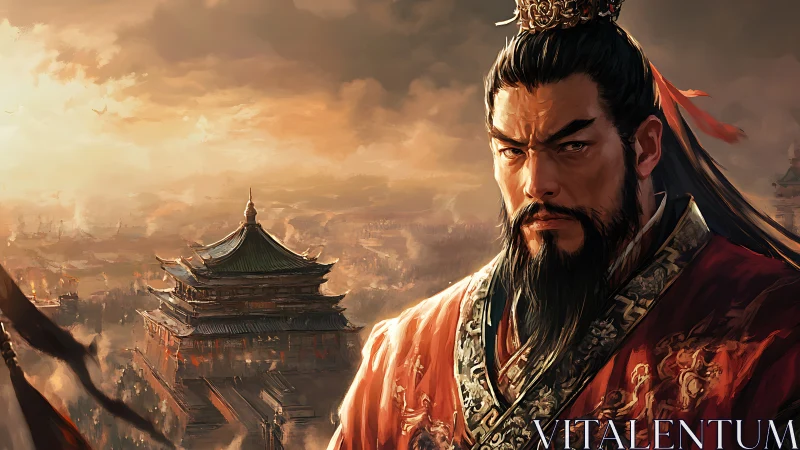 Imperial warlord surveys burning ancient capital at dusk