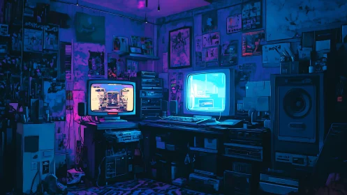 Retro neon workstation with dual CRT monitors at night.