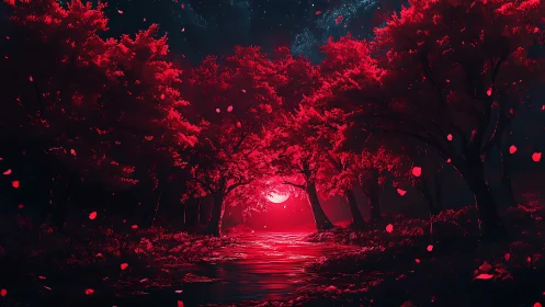 Crimson Forest Path with Luminous Moon Rising