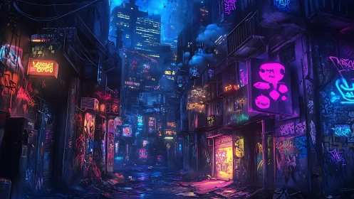 Neon graffiti alley hums while midnight skyscrapers watch