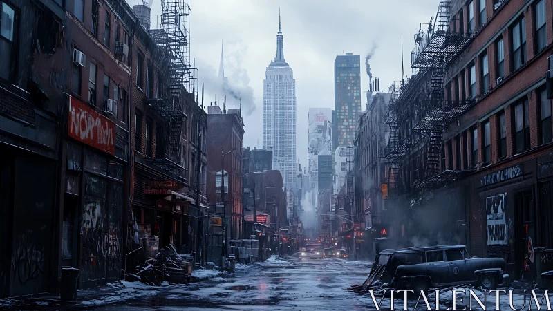 Cinematic winter city alley with central skyline axis framing.