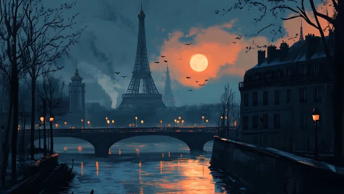 Paris riverside at dusk with Eiffel Tower and full moon.