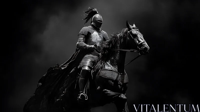 Armored knight on warhorse against dark stormy backdrop.