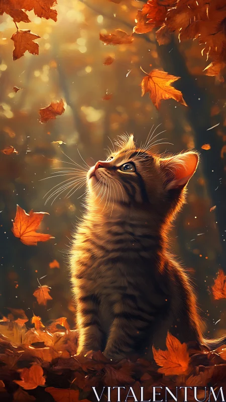 Cat Gazing at Falling Autumn Leaves in Golden Light.