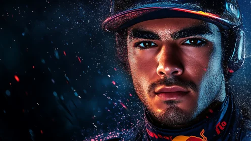 Intense racing driver gazes forward through swirling sparks
