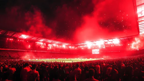 Floodlit football stadium shows dense crowd under red flares