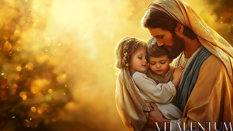 Gentle guardian holds two children close in golden light