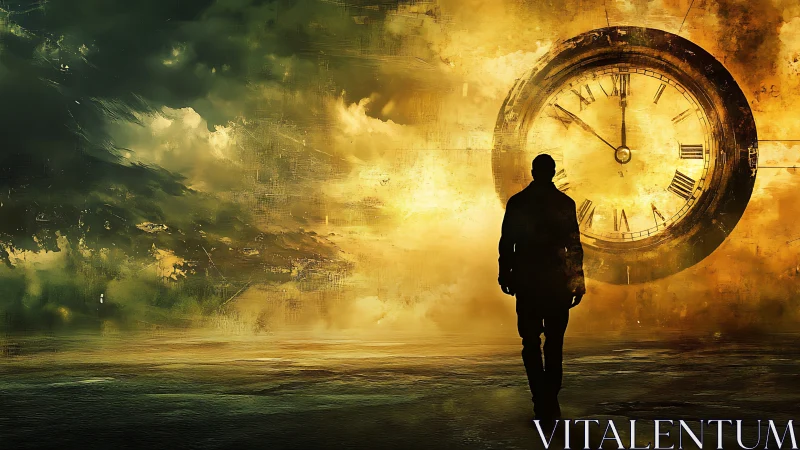 Silhouetted figure crossing surreal time-scorched horizon.