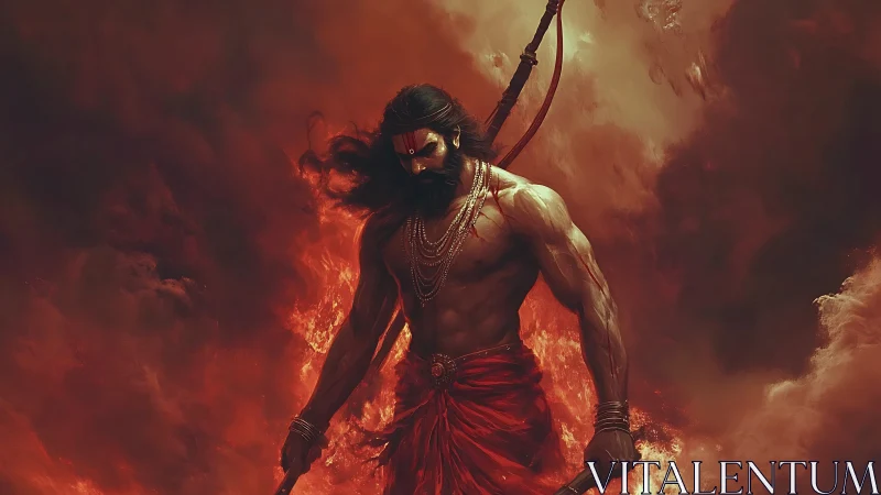Warrior in crimson cloth walking through storming firelight.