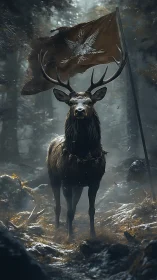 Noble stag guardian standing proud beneath a worn forest flag.