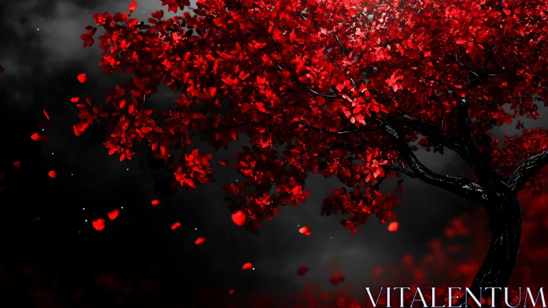High contrast red-leaf tree rendered against desaturated foggy void