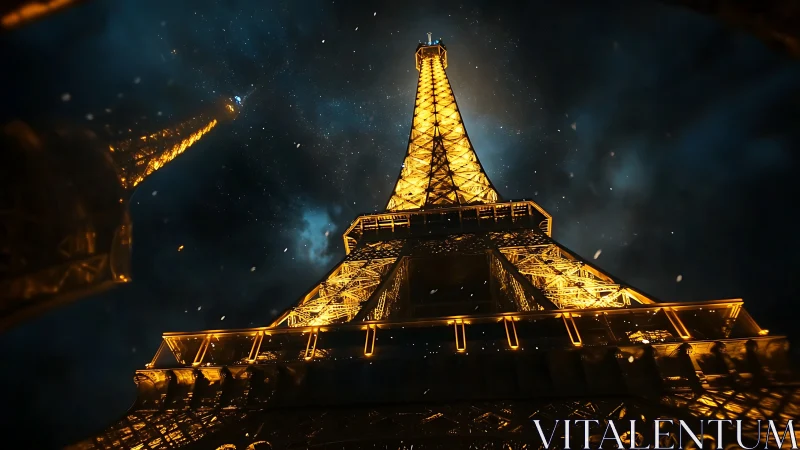 Illuminated Eiffel Tower rises against deep stormy night sky