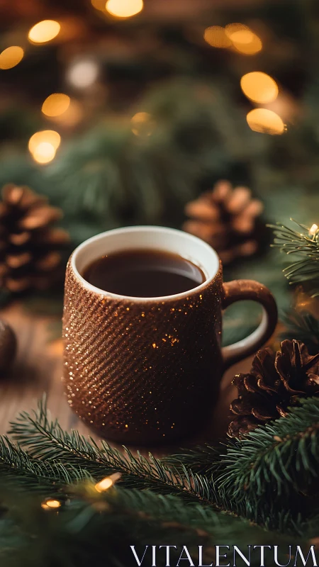 Glittered ceramic mug of dark liquid stands among fir branches