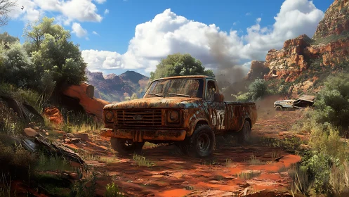 Rusty pickup truck sits abandoned on muddy desert trail