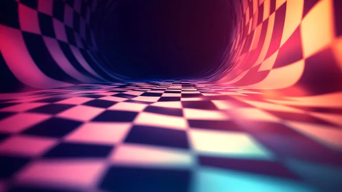 Surreal Checkered Tunnel with Neon Lighting in Abstract Style.