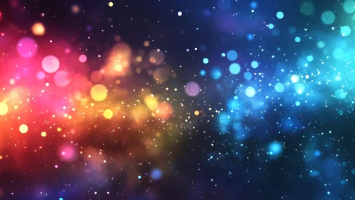 Colorful bokeh galaxy with glowing particles on dark space.