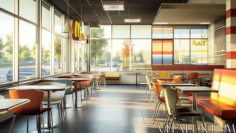 Sunlit fast-food haven glows with modern colors and calm hush.