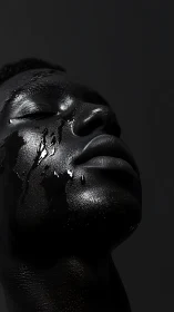 Black portrait in oil-slick gloss under dramatic side light.