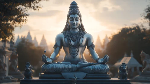 Serene Shiva statue in meditative pose at temple complex.
