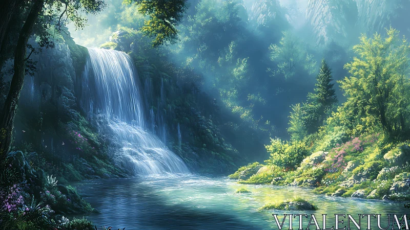 Sunlit forest waterfall cascading into crystal lagoon.