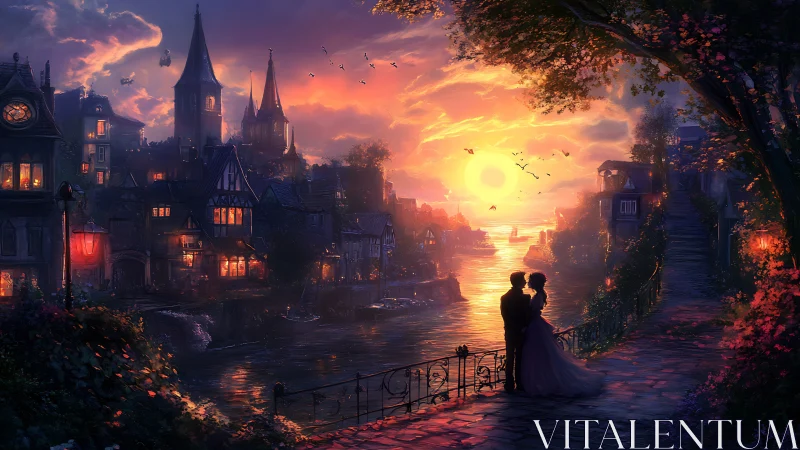 Gothic Architecture at Sunset with Silhouetted Figures