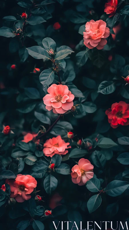 Coral roses with teal foliage in controlled garden lighting.