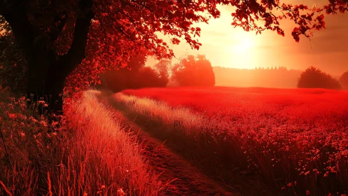 Crimson meadow at sunset with winding path under foliage.