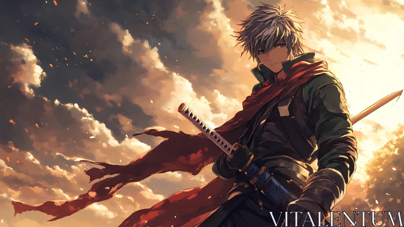 Sword-wielding anime warrior stands before illuminated clouds